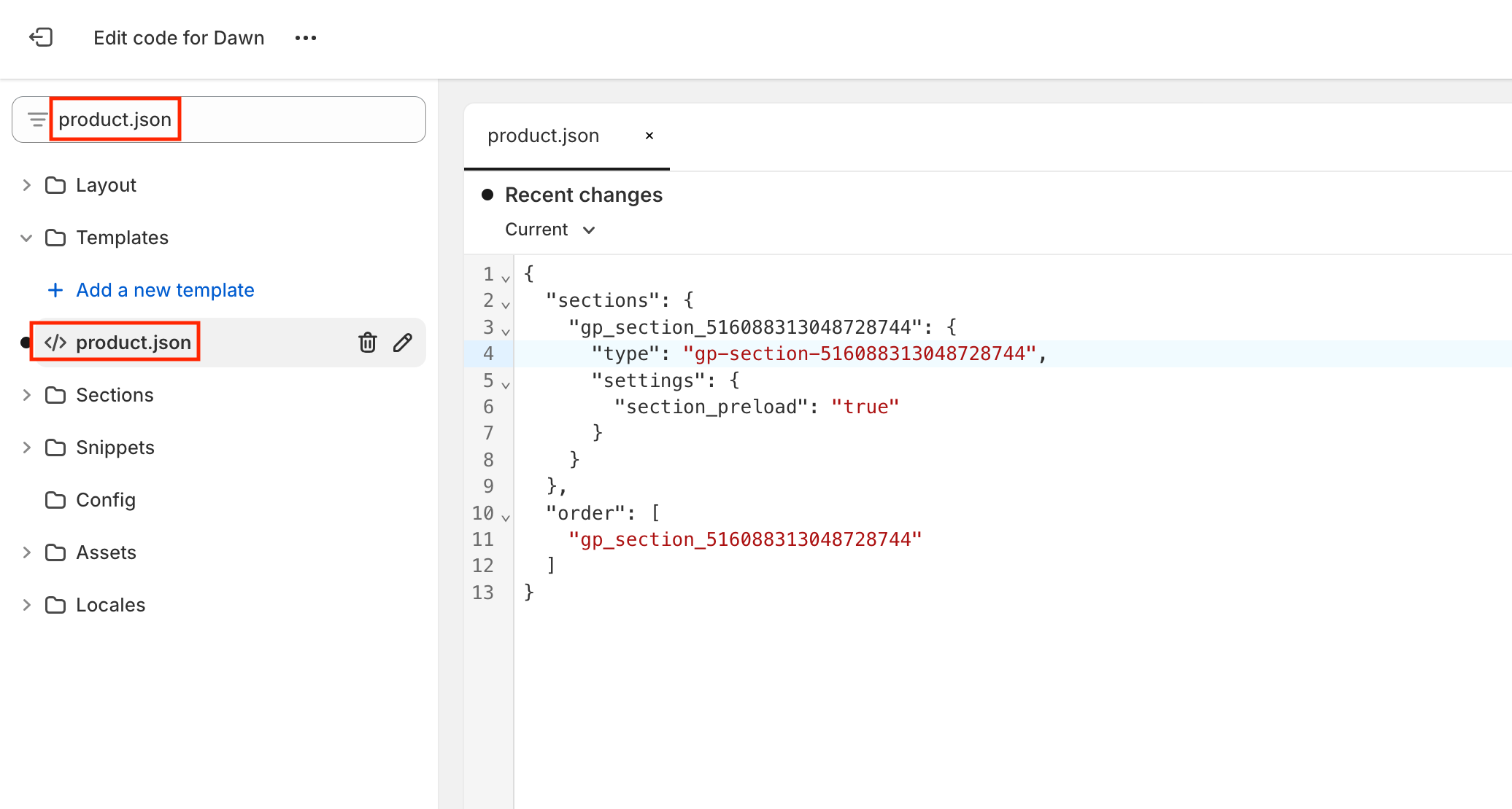 edit code in shopify theme search for product json