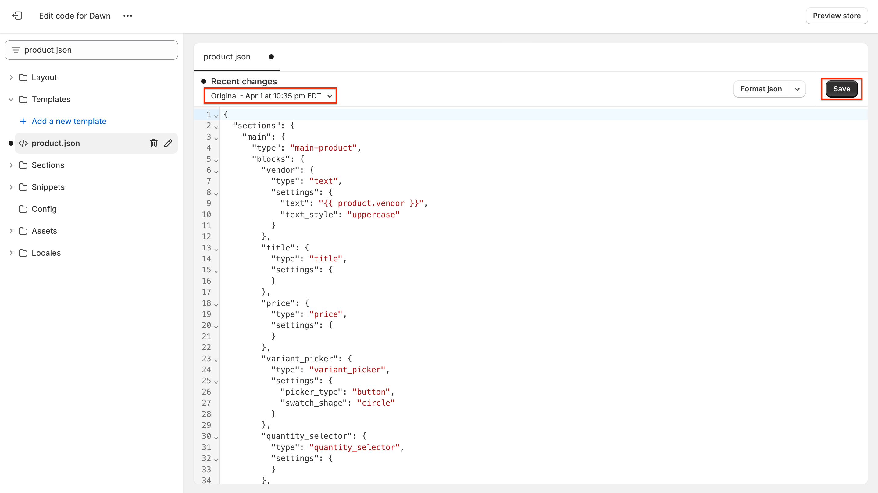 edit code in shopify theme save changes