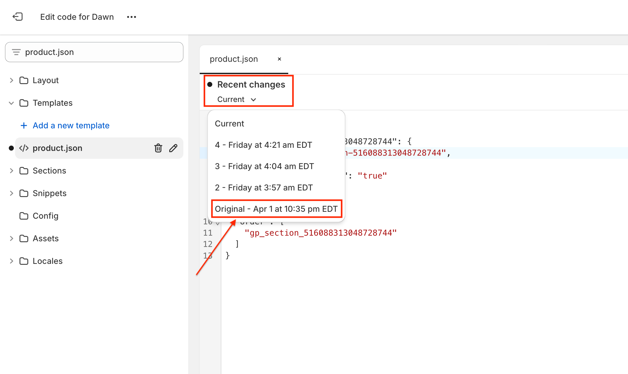 edit code in shopify theme choosing original version