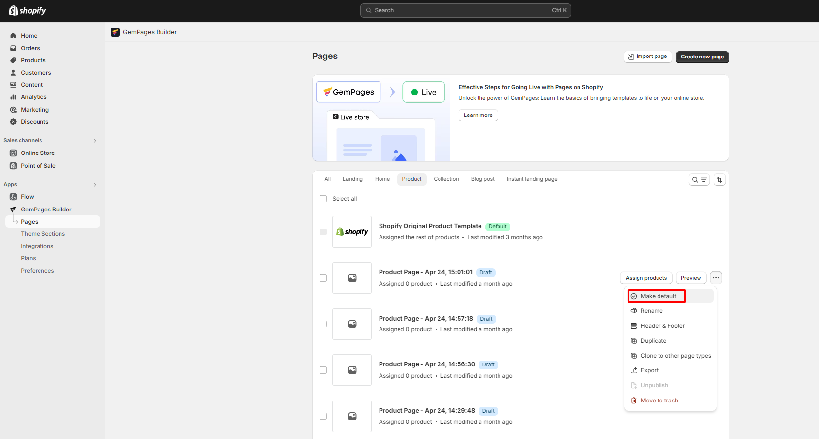 screenshot of GemPages dashboard make default a template