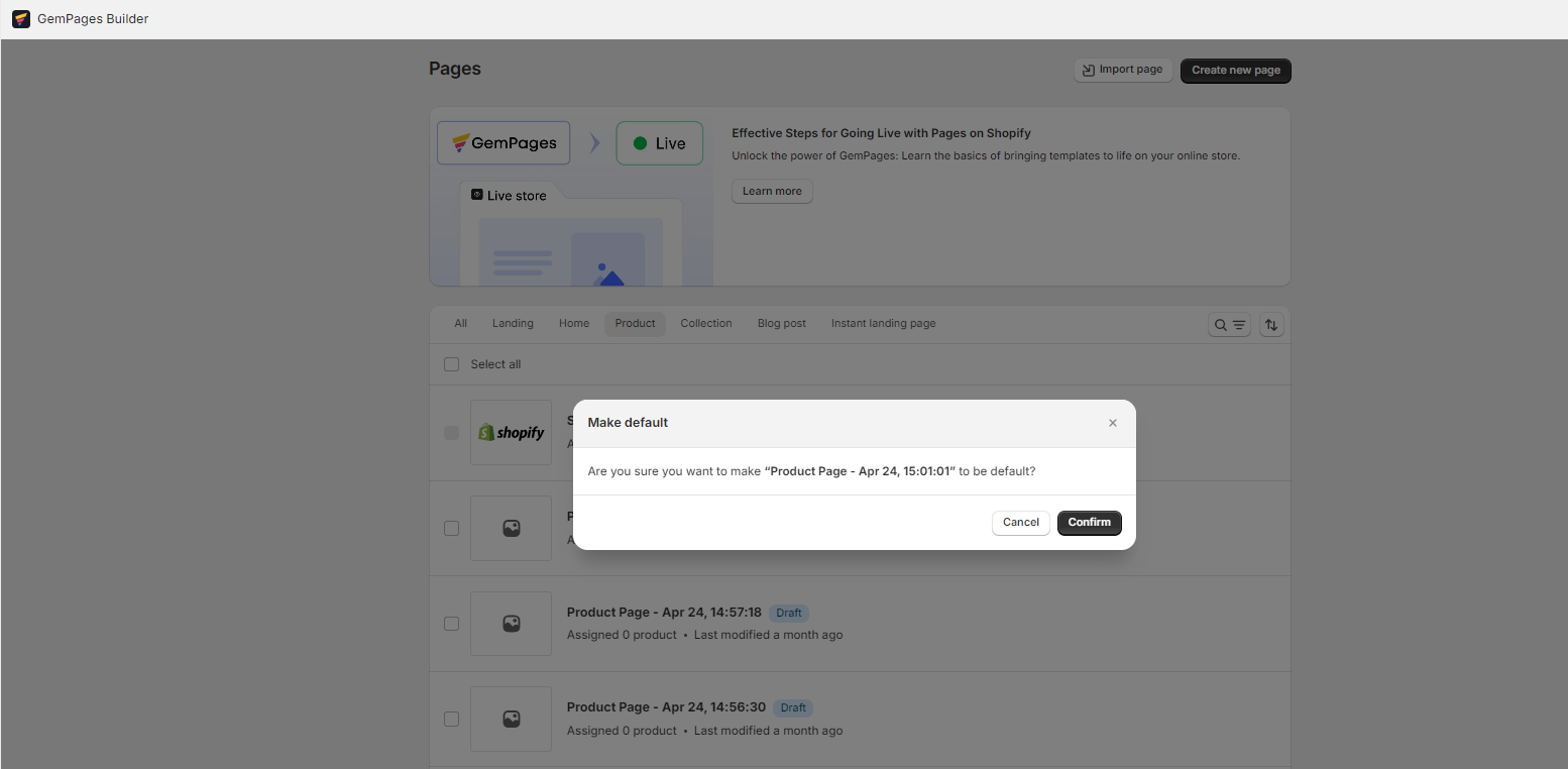 screenshot of GemPages dashboard make default confirmation