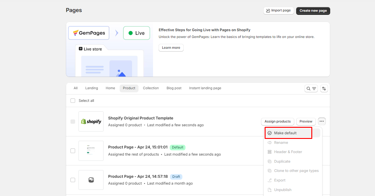 screenshot of GemPages dashboard revert default to Shopify theme