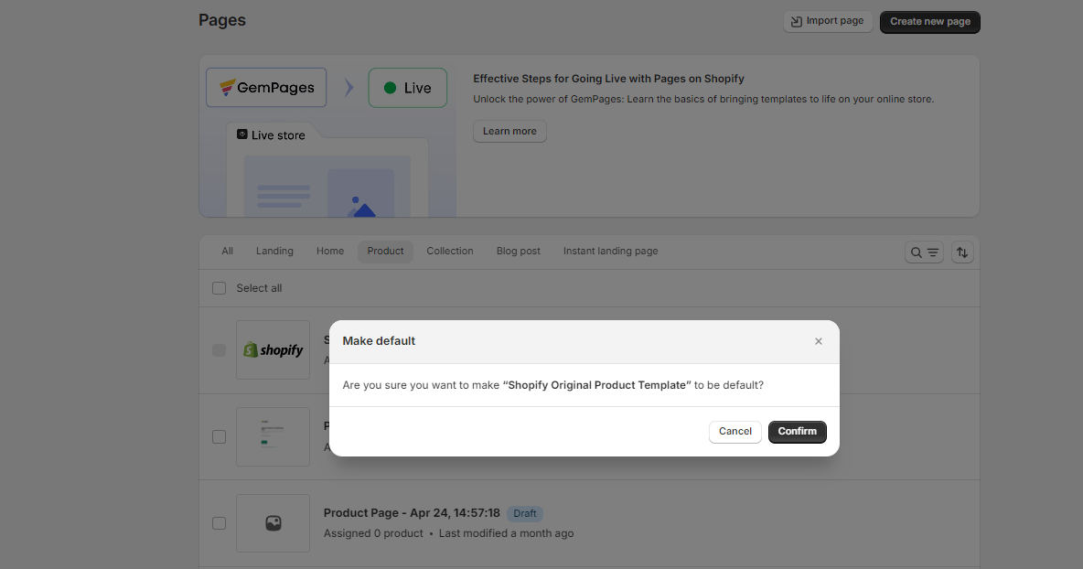 screenshot of GemPages dashboard confirm make default Shopify original product template