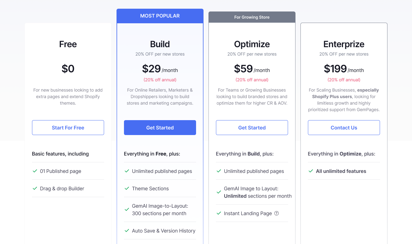 GemPages Pricing screenshot