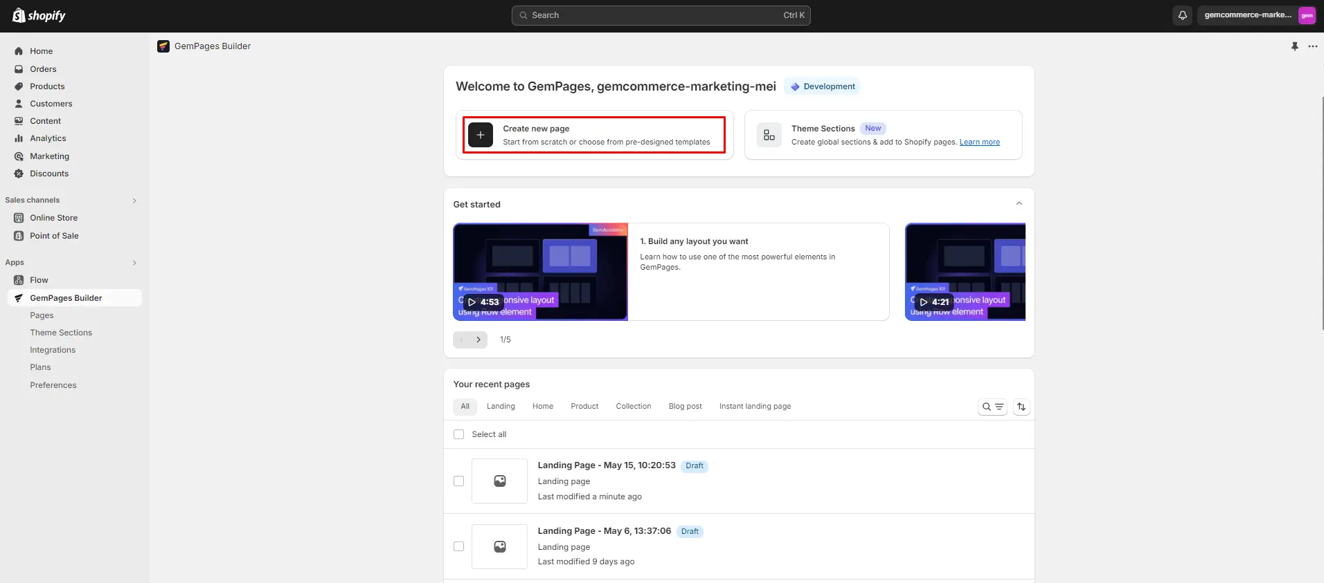 Screen capture of GemPages Dashboard