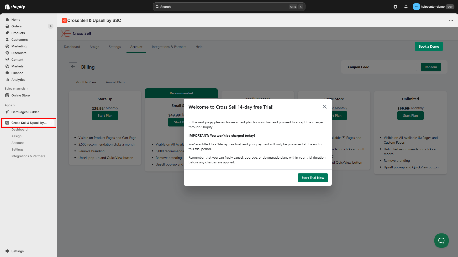 Cross-Sell & Upsells by SSC app dashboard
