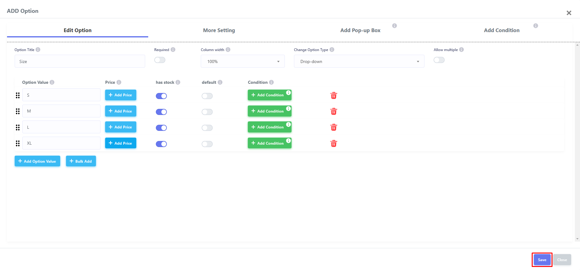 add options with king product options 