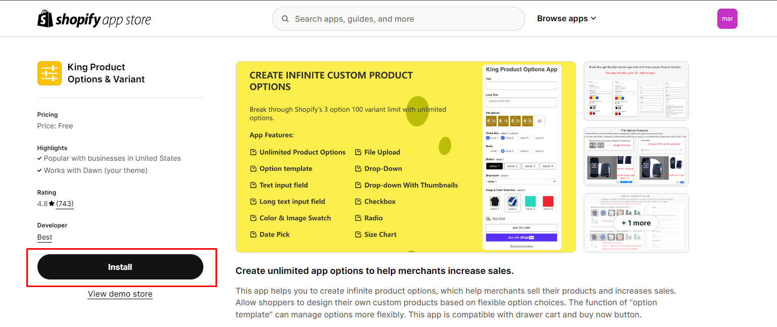 install king product option 