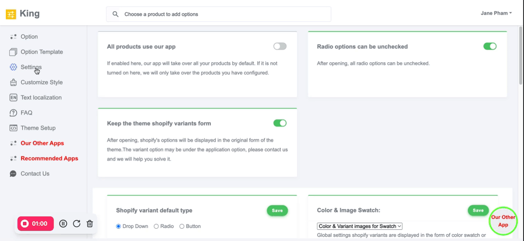 setting dashboard with king product options