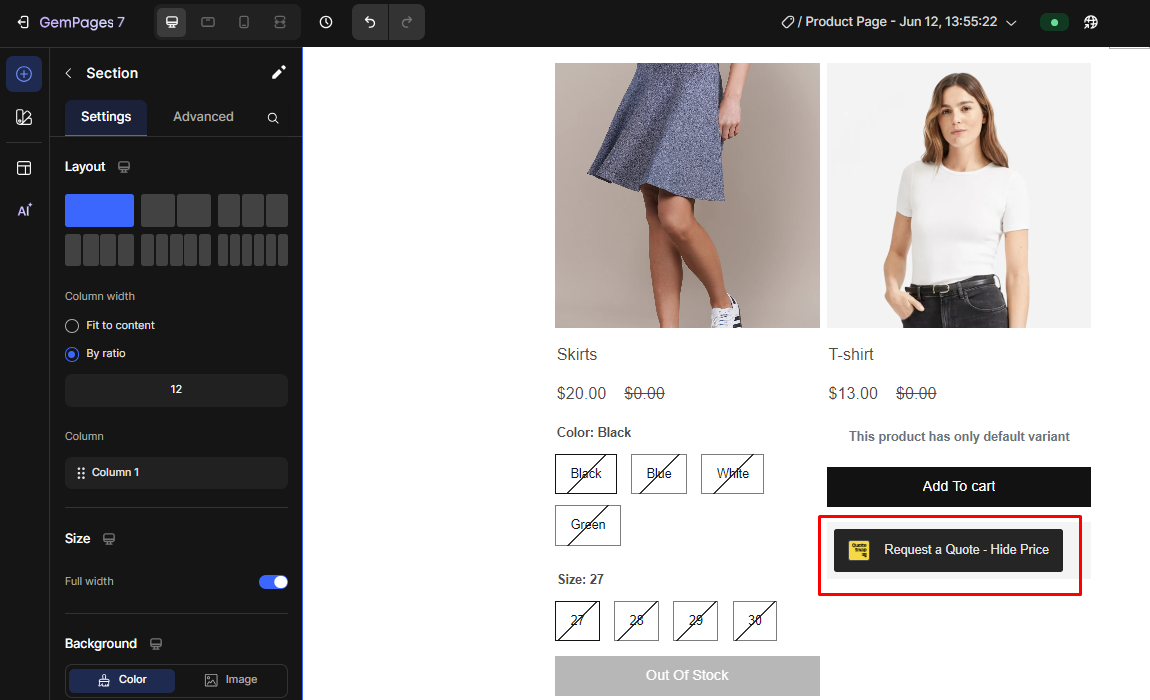 add o:request and hide price on gempages 