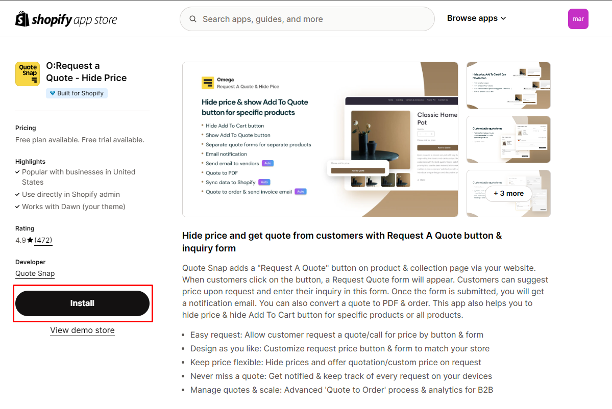 install O:request a quote and hide price 