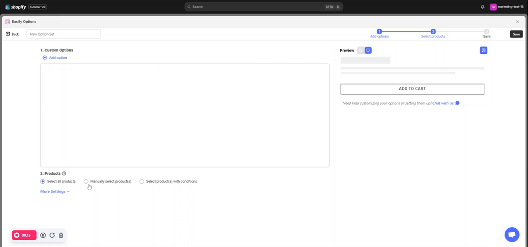 select products manually with Easify Product Options Variant