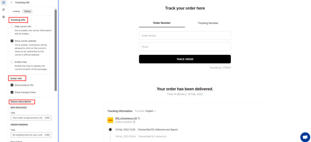 status in 17TRACK Order Tracking‑PaySync