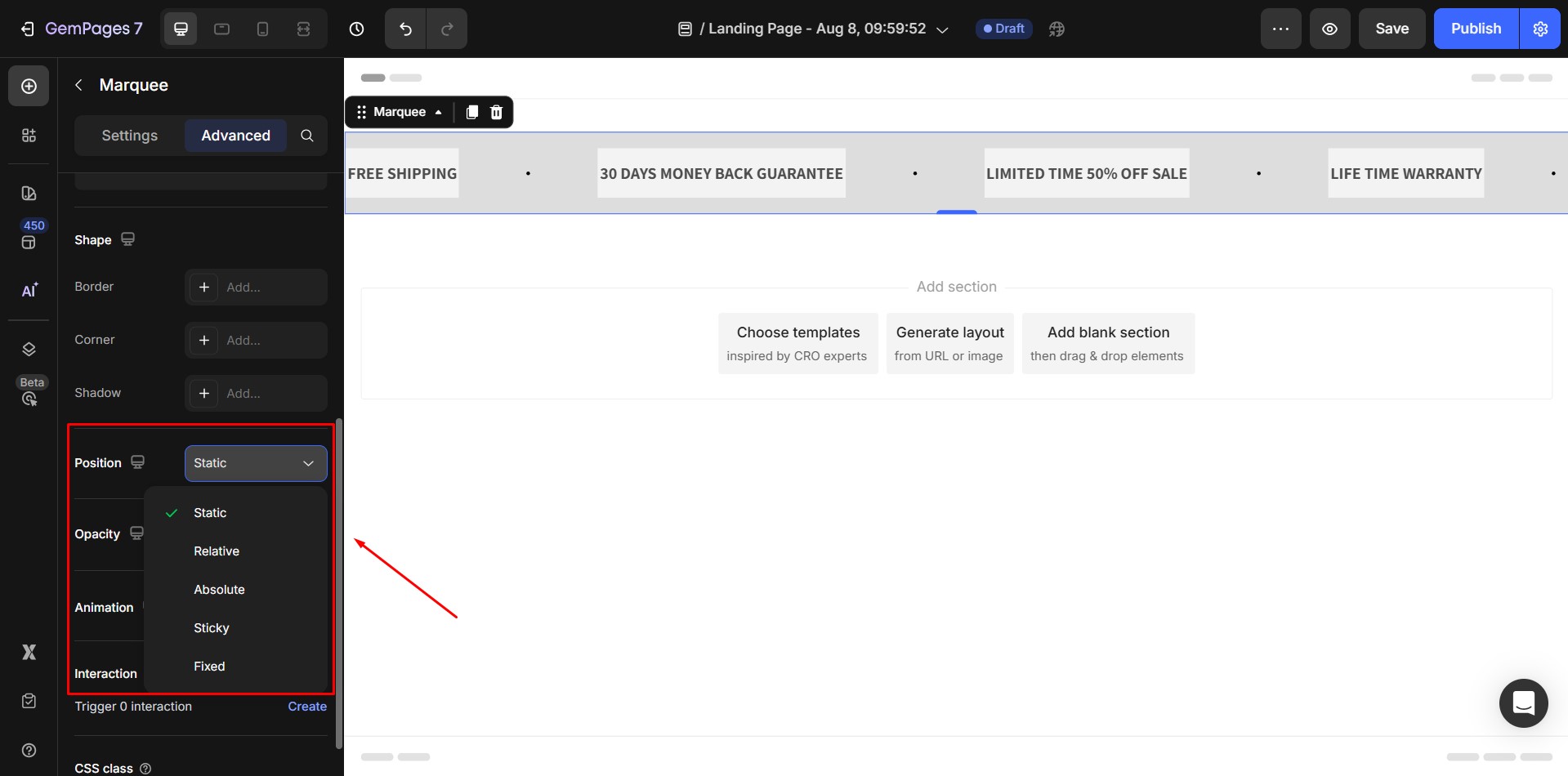 marquee-element-position