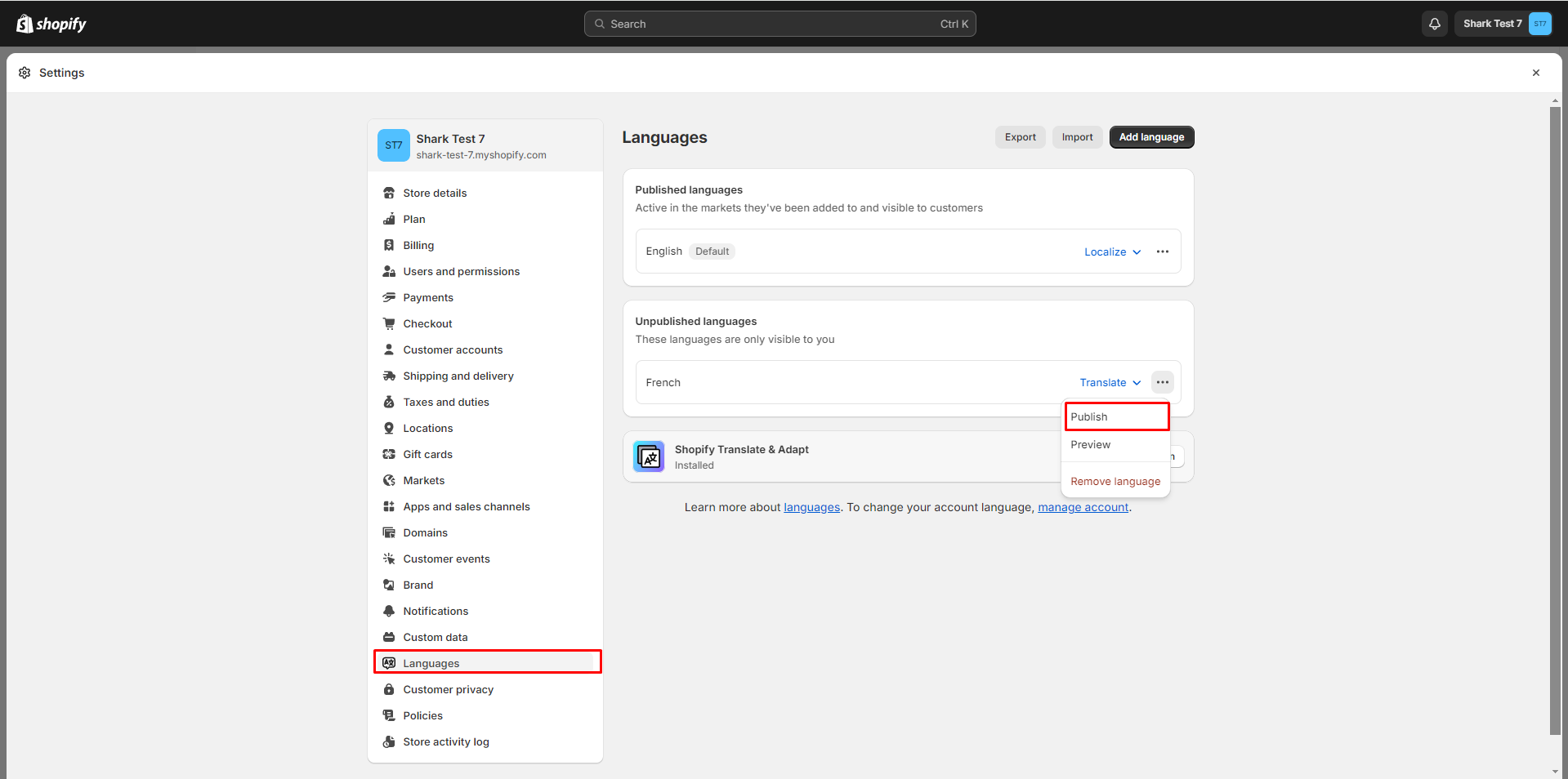 Translate & Adapt app Publish new language