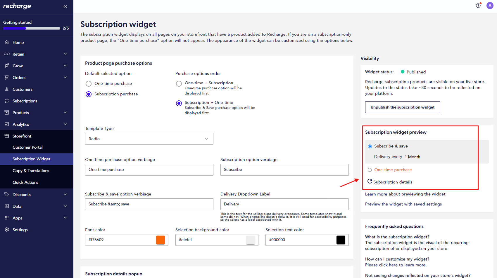 Recharge subscriptions preview widget