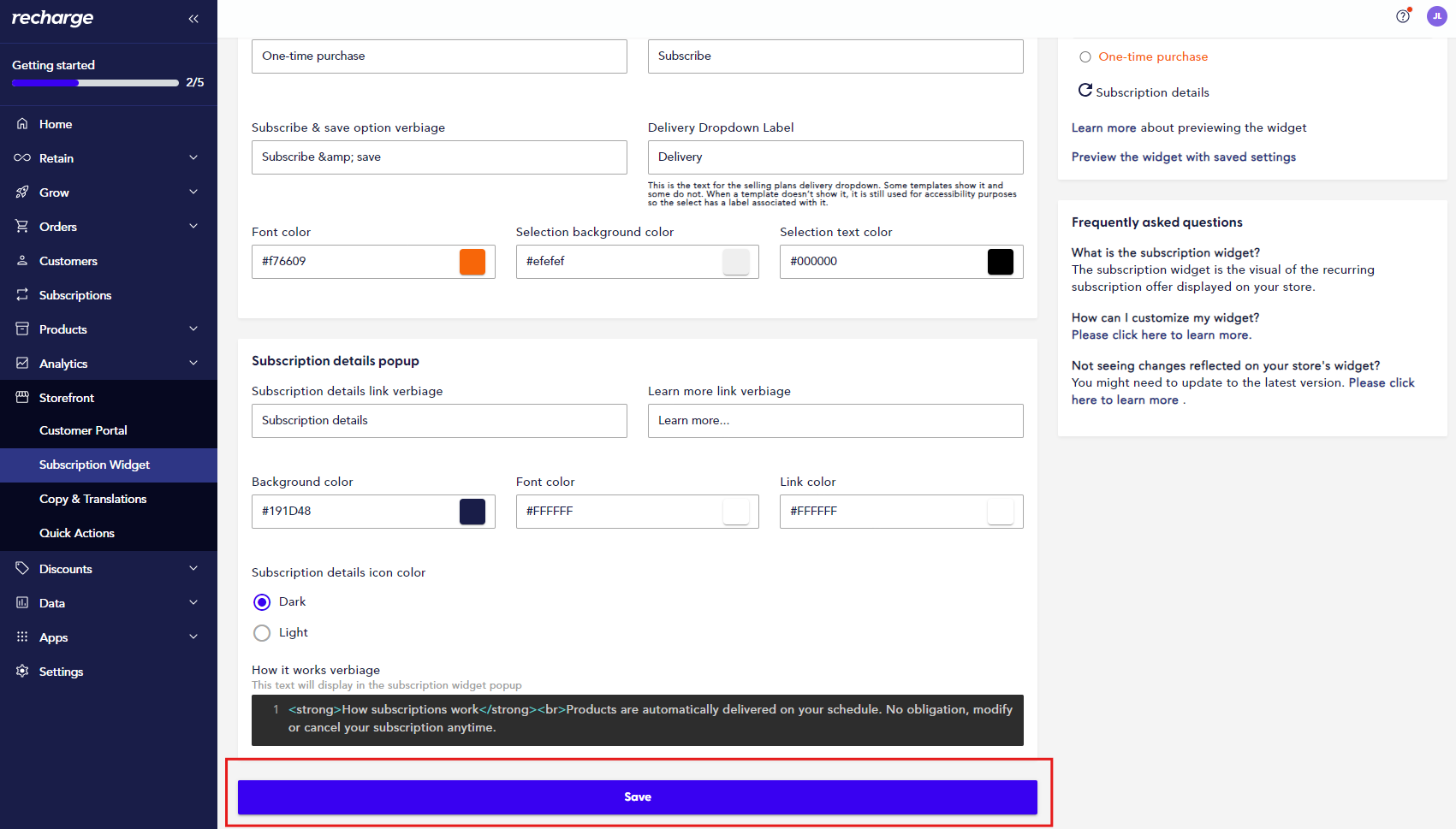 Recharge subscriptions save changes