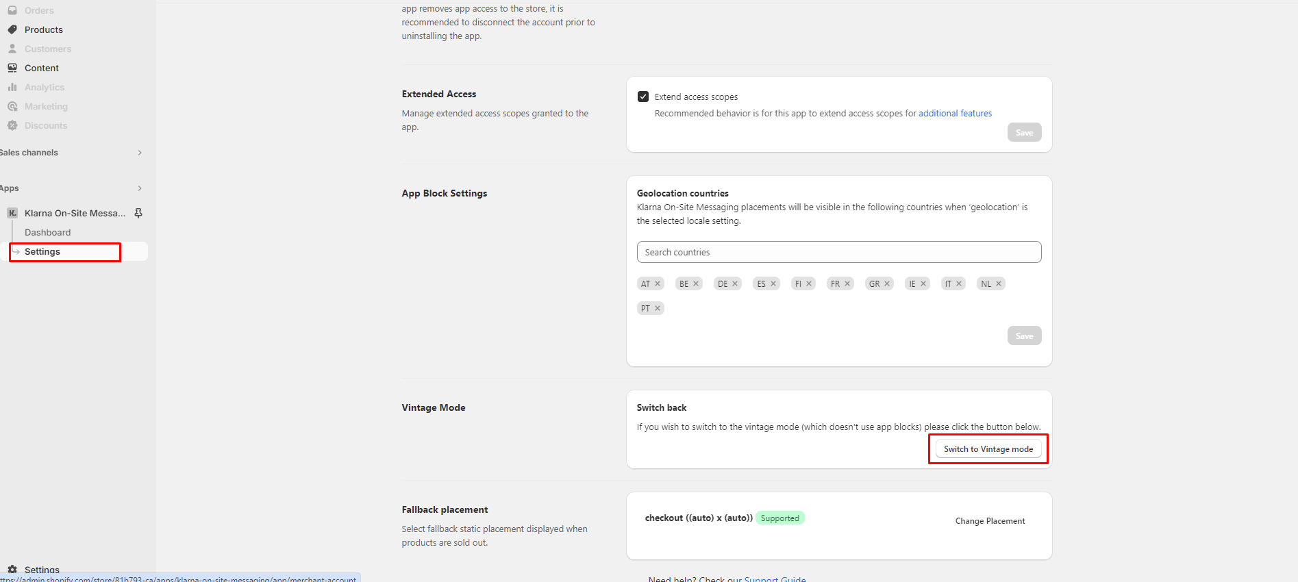 Klarna switch to Vintage mode
