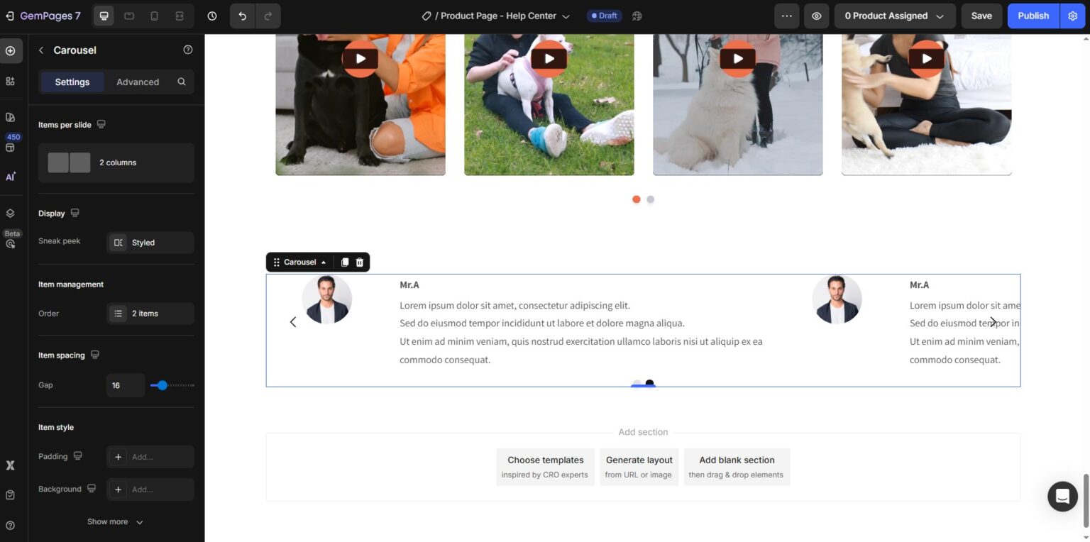 Design Testimonial Section with Carousel Element - Help Center