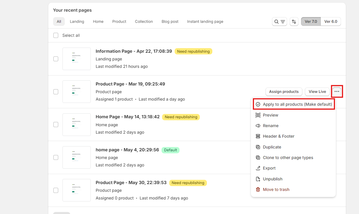 Make product page template default