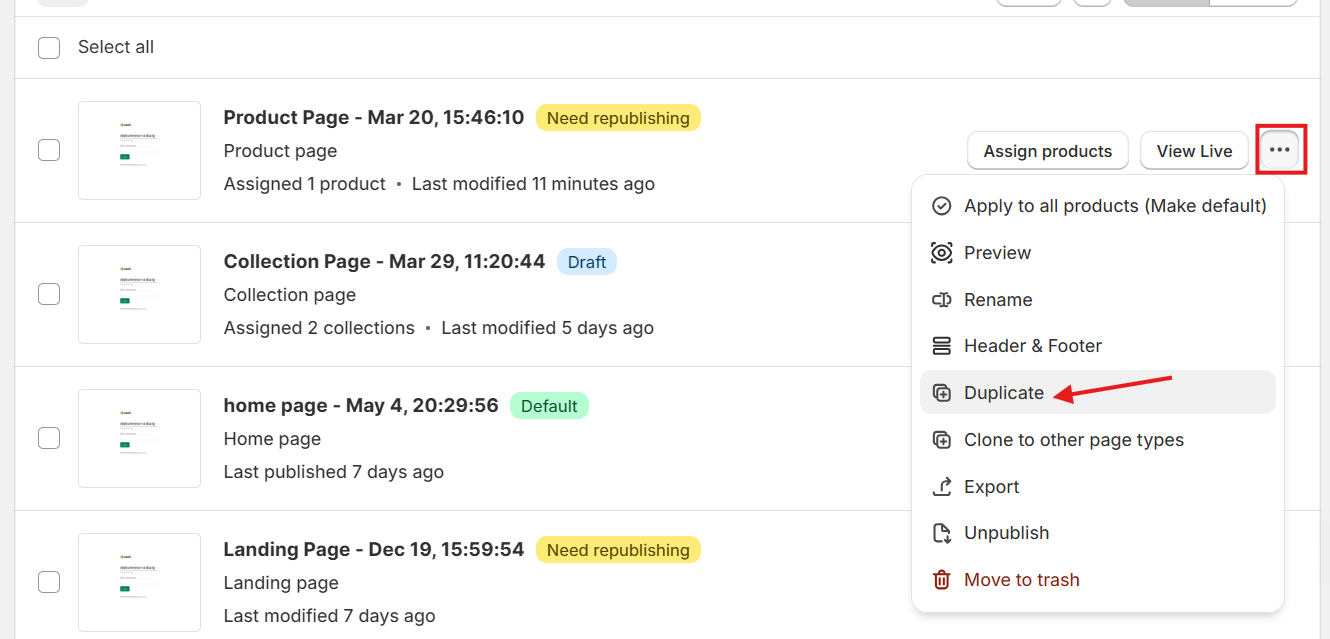 Duplicate product page