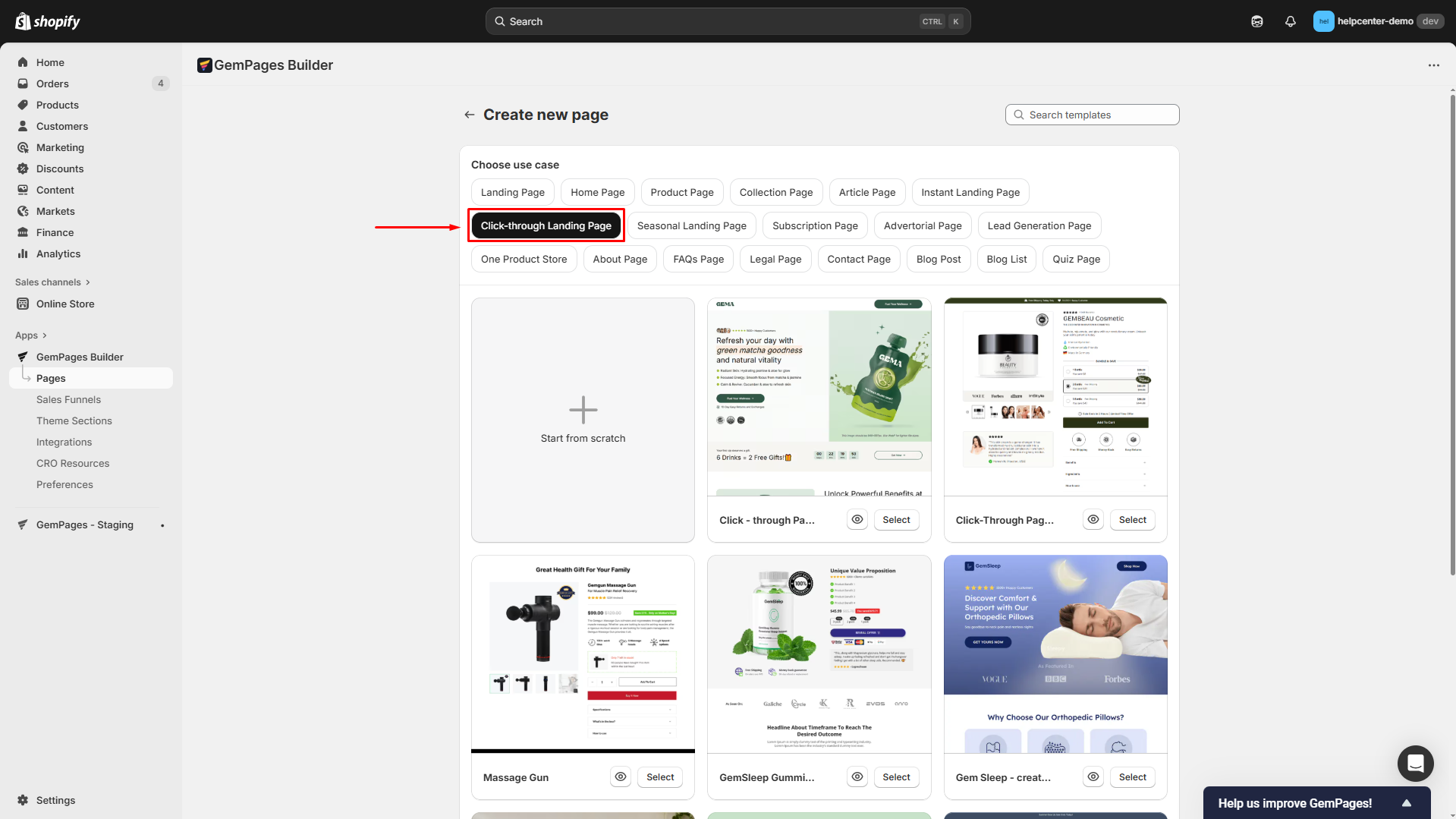 Select click-through landing page