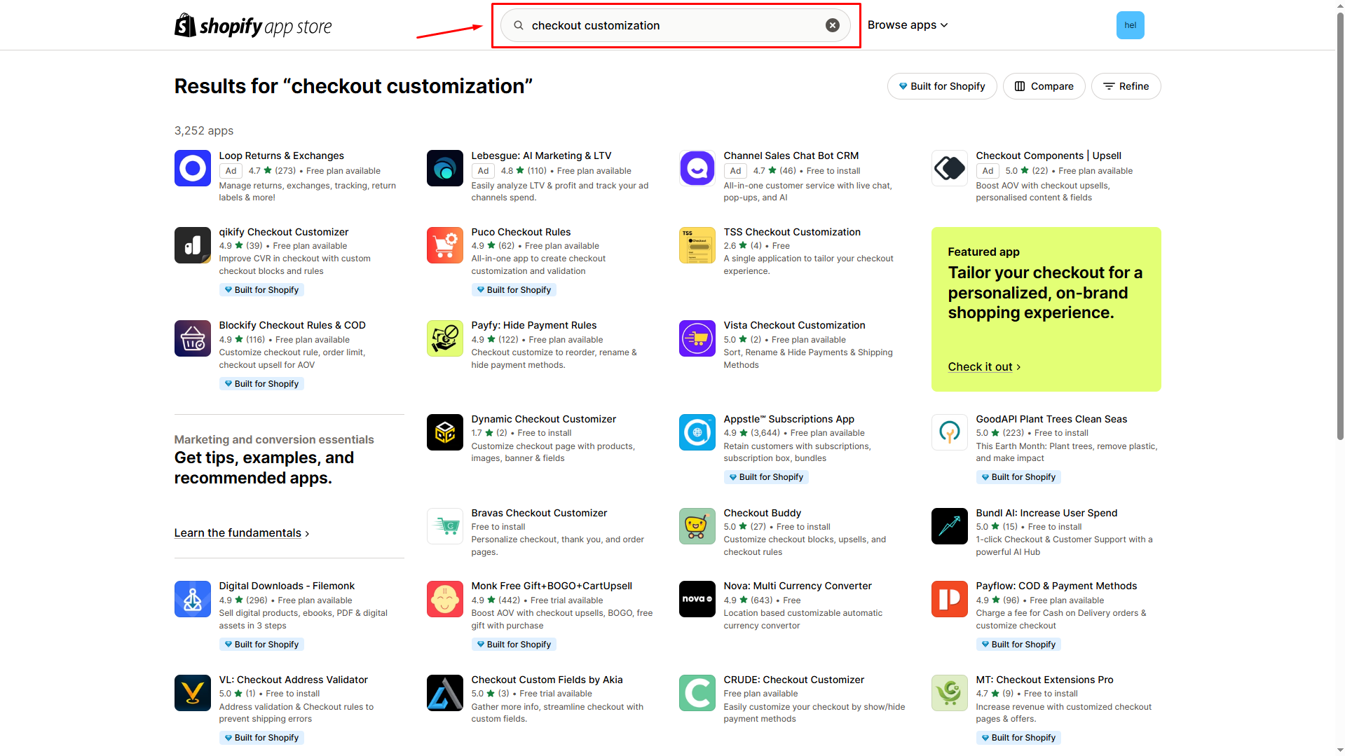 Checkout customization apps on Shopify App Store