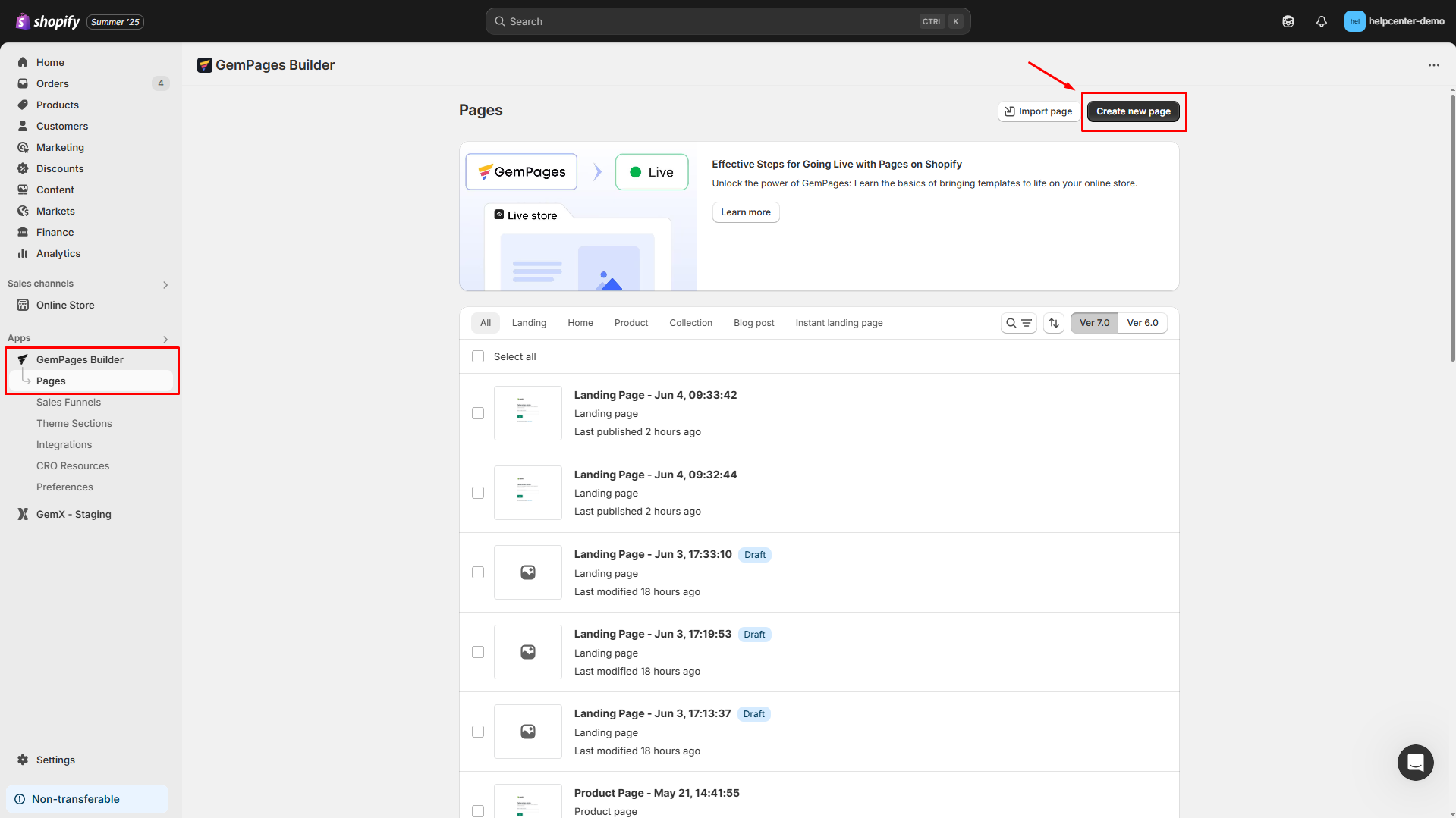 Create new landing page