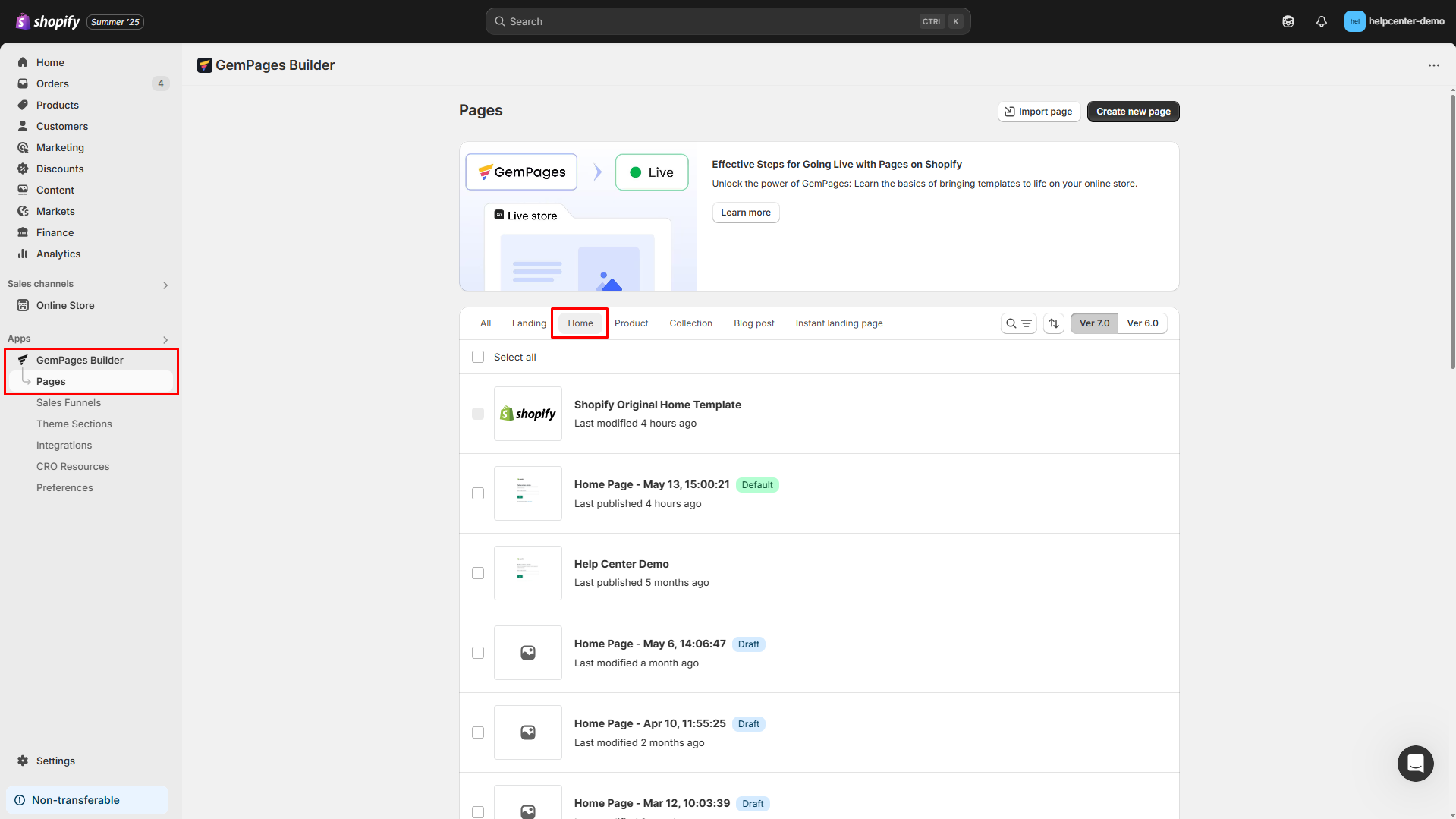 Open Homepage section
