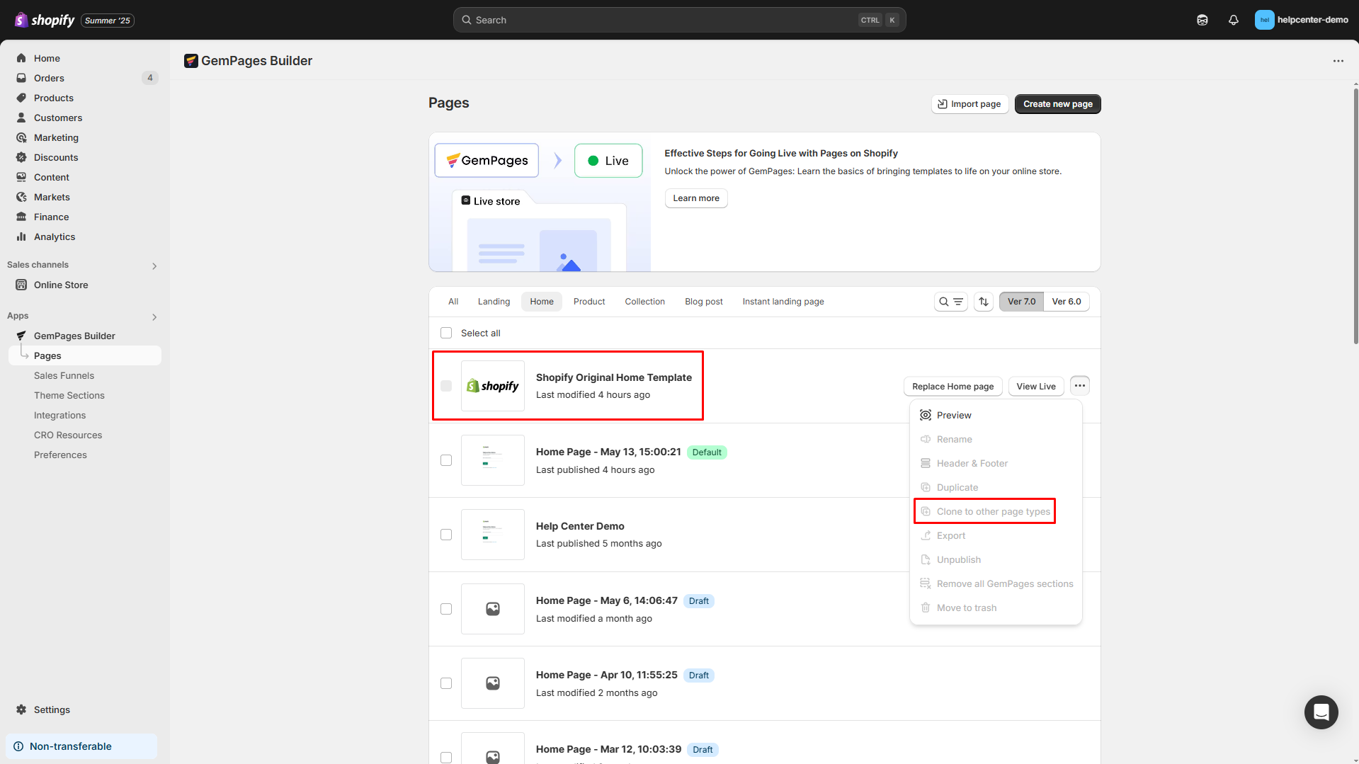 Cannot clone shopify original home template