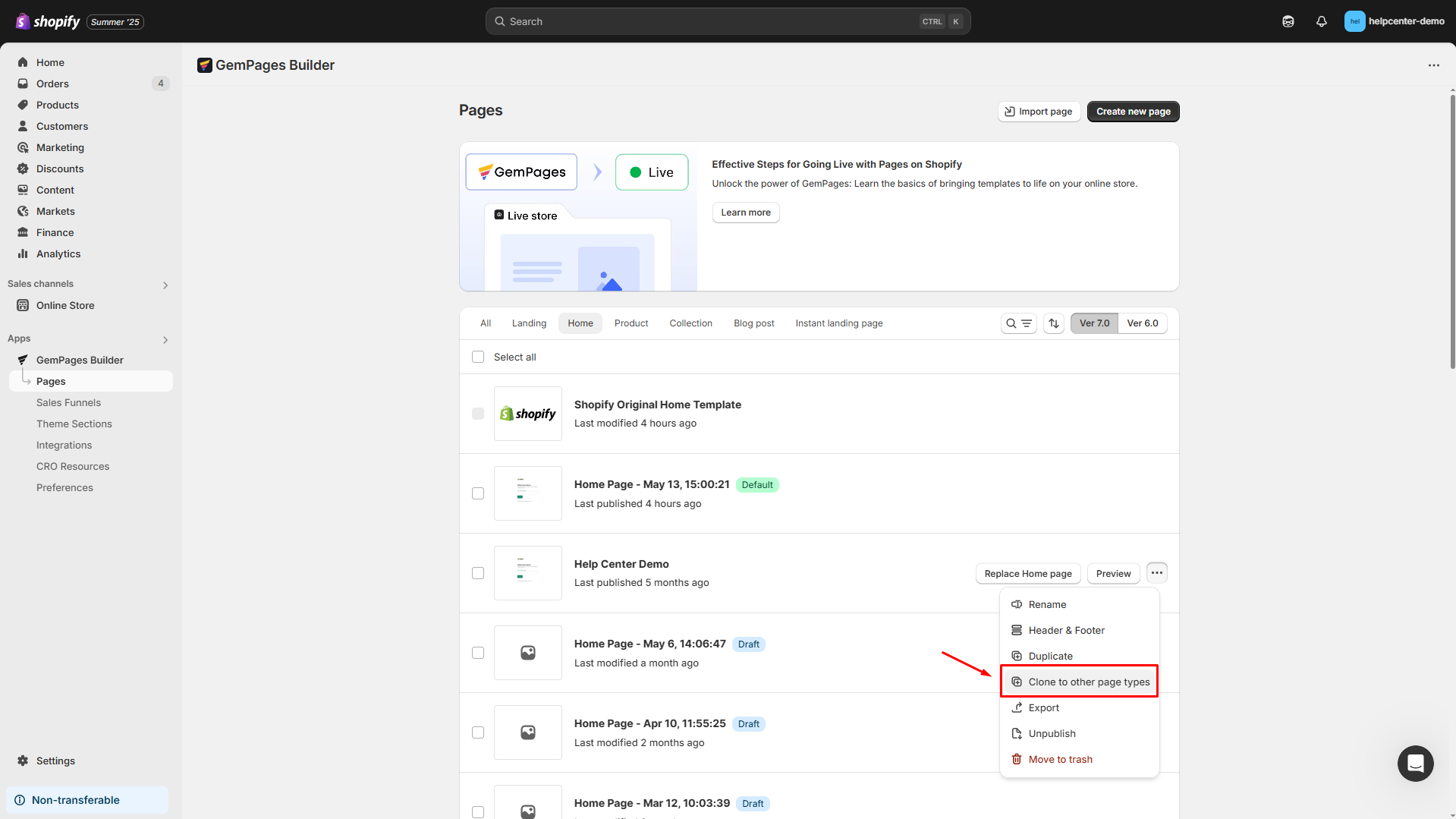 Choose Clone to other page type