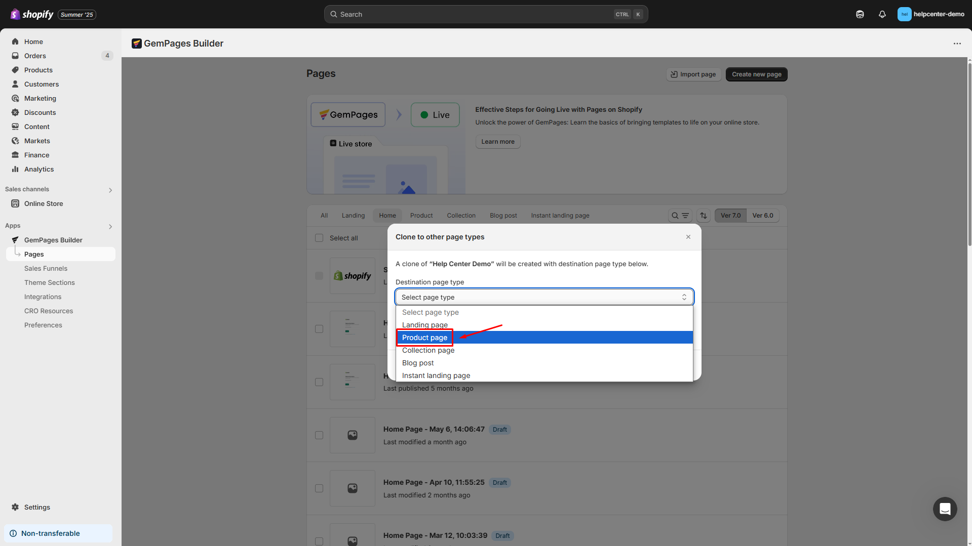 Select Product page type