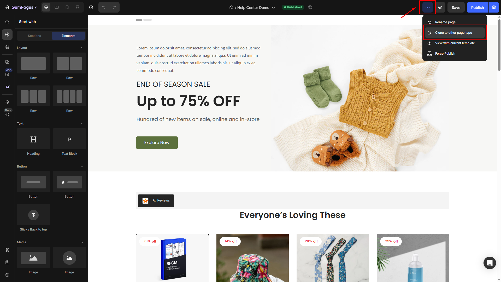Clone to other page types from editor