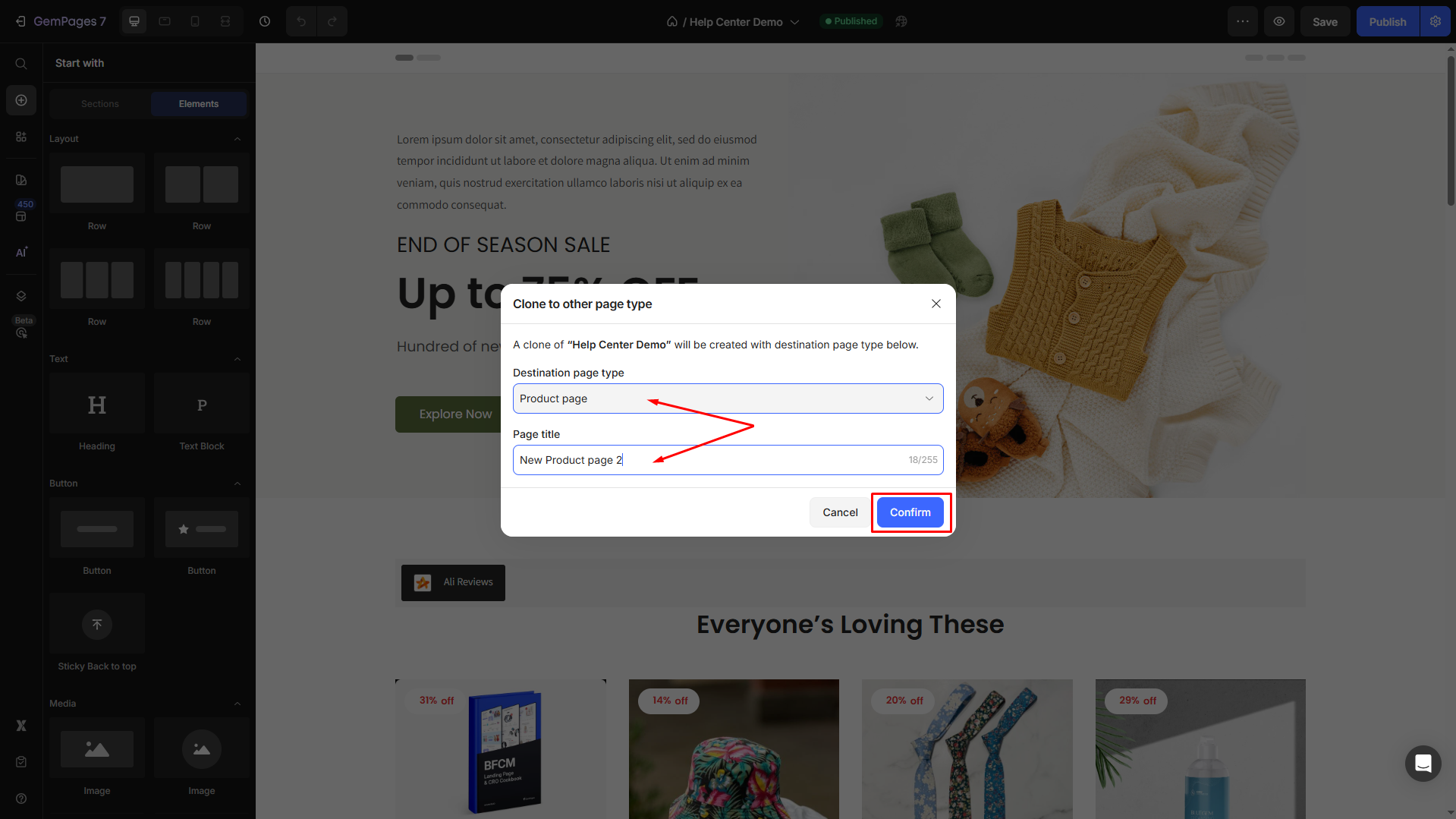 Choose destination page type to clone