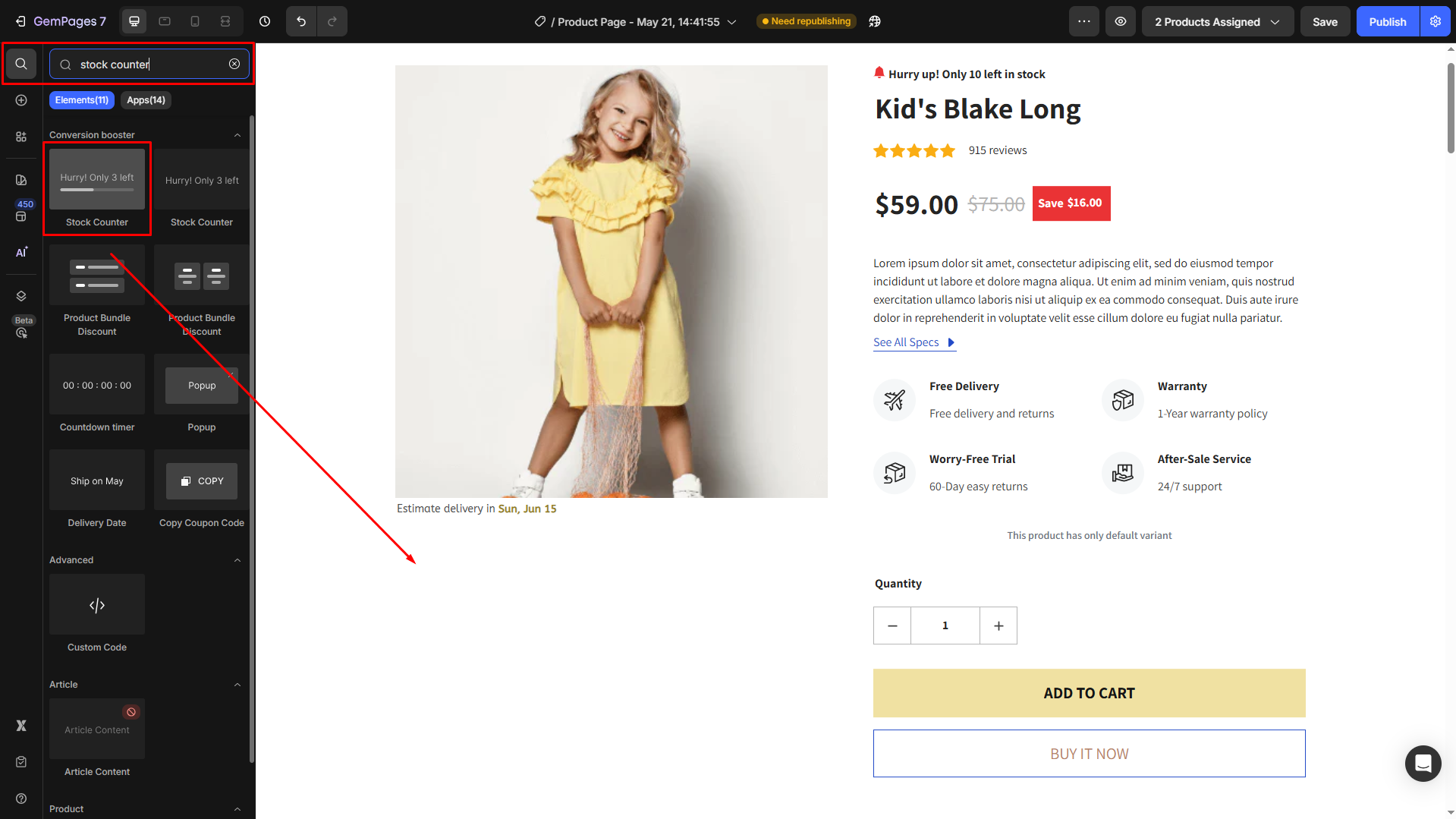 Add Stock Counter element