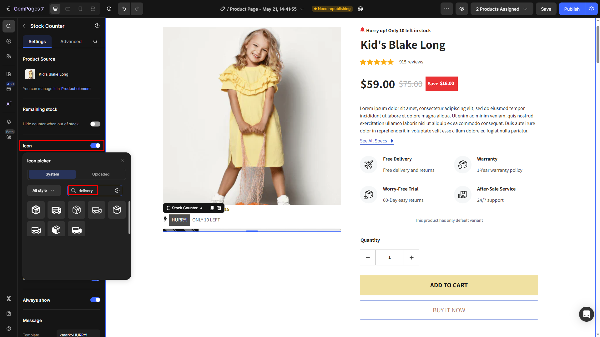 Change to the delivery icon