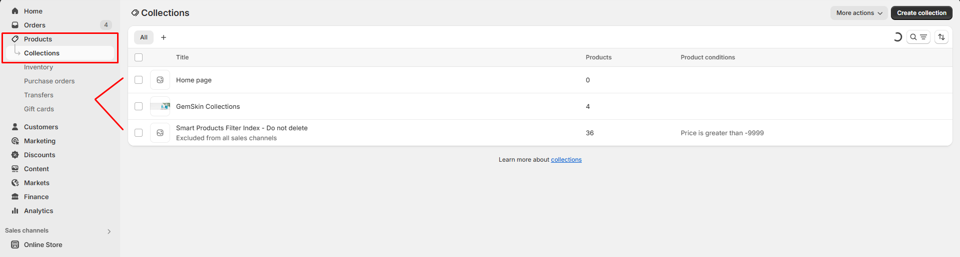 Open Collecotions in Shopify admin dashboard