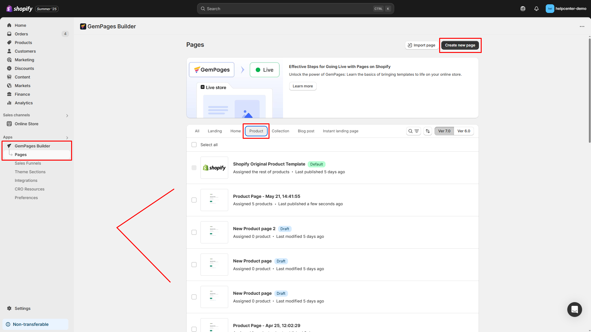 Open Product pages section