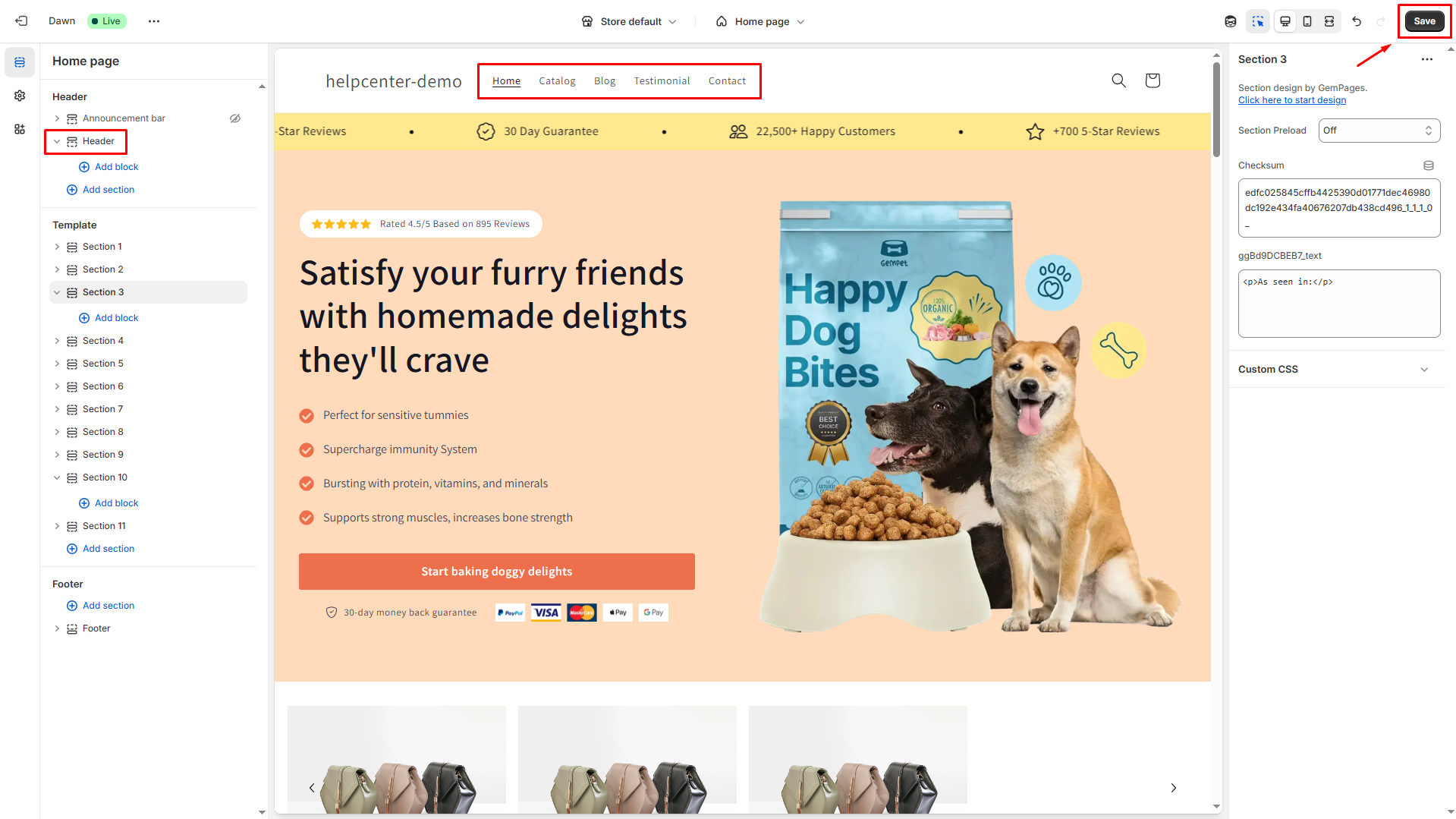 Select section for header
