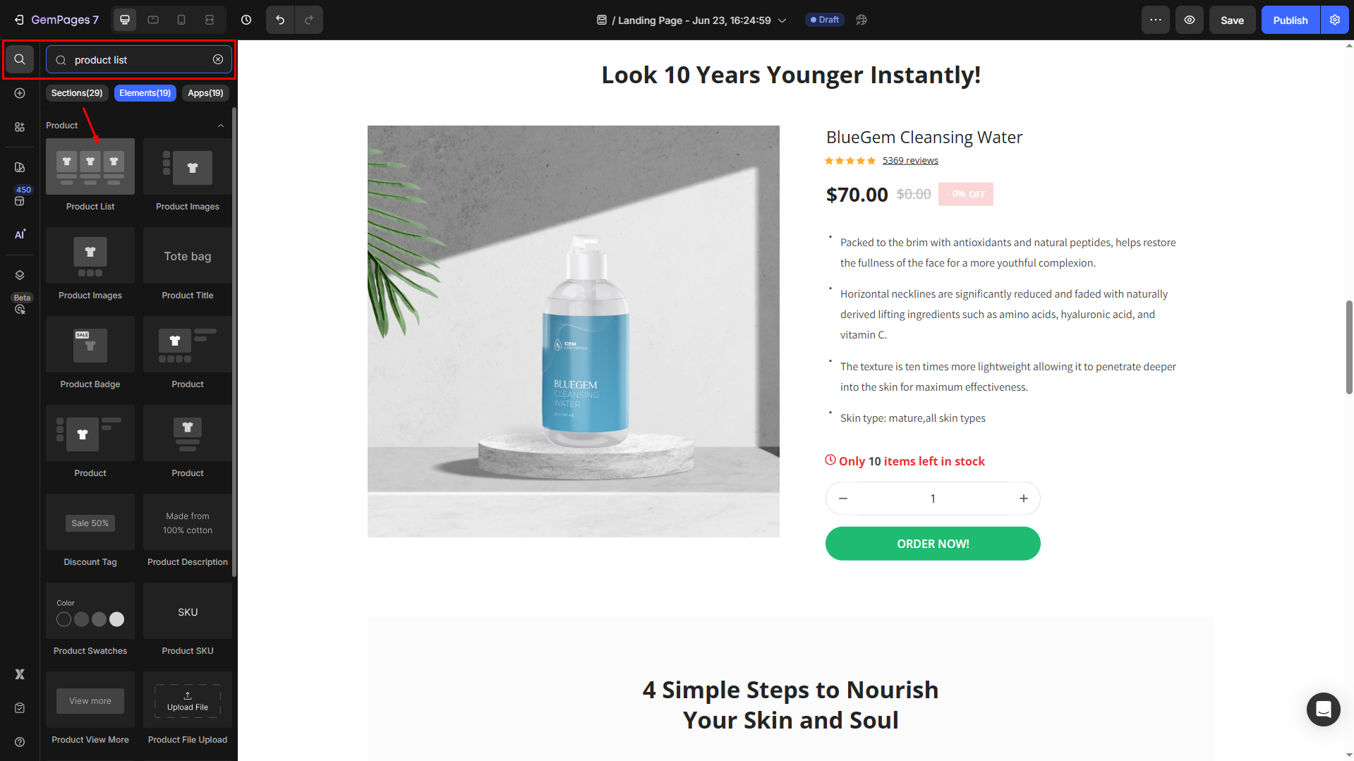 Drag the product list element