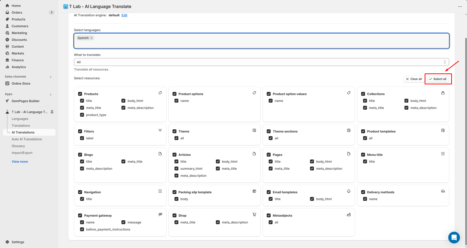 Select all resources for AI translation