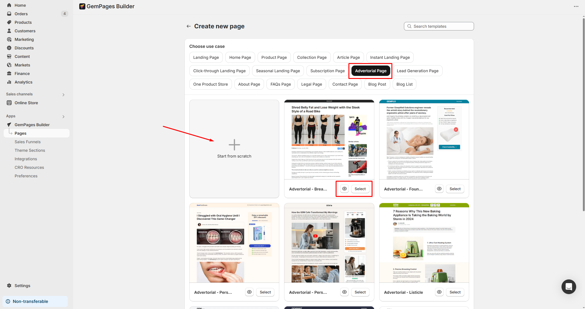 Choose Advertorial Page as use case