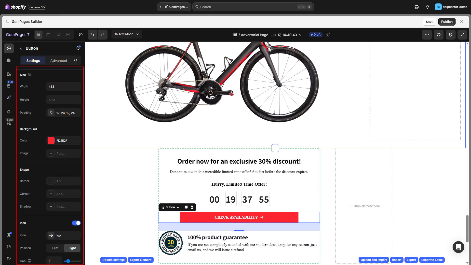 Button element settings tab