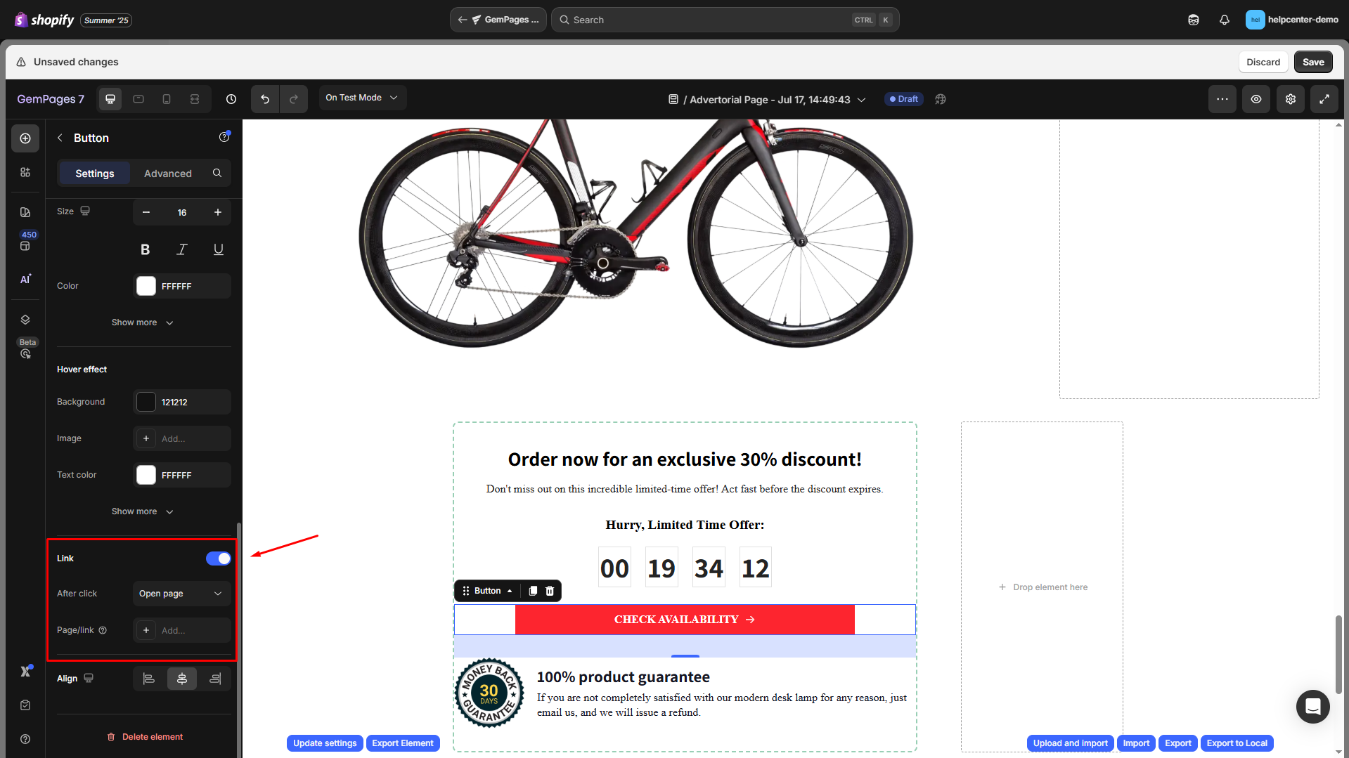 Toggle on the settings tab
