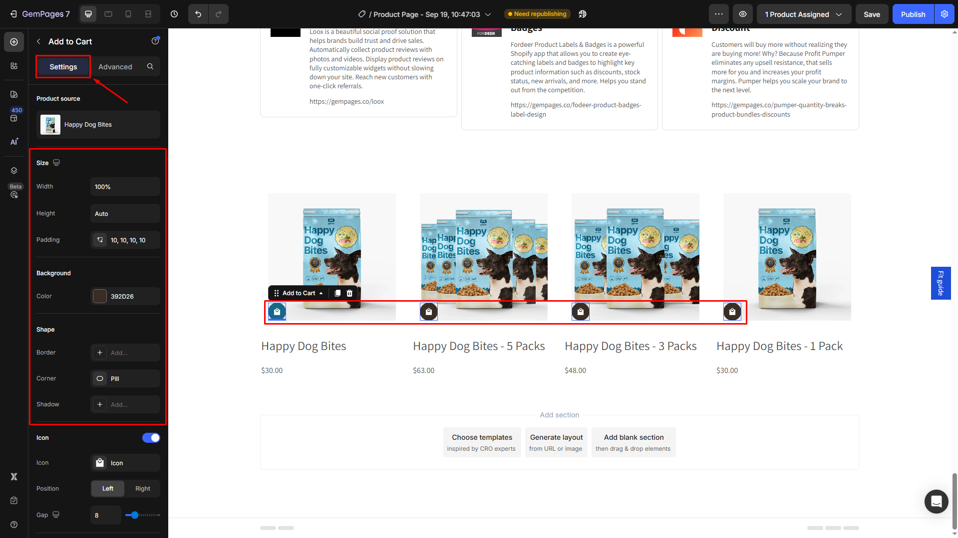 Configure the cart button