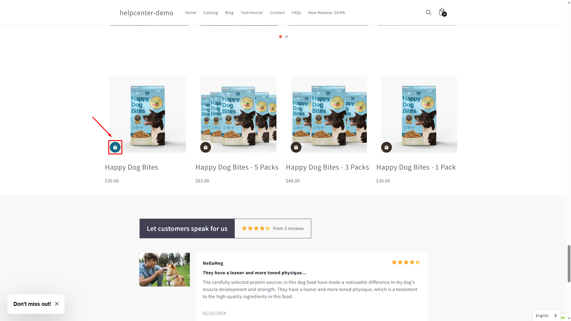 Cart button above the product image