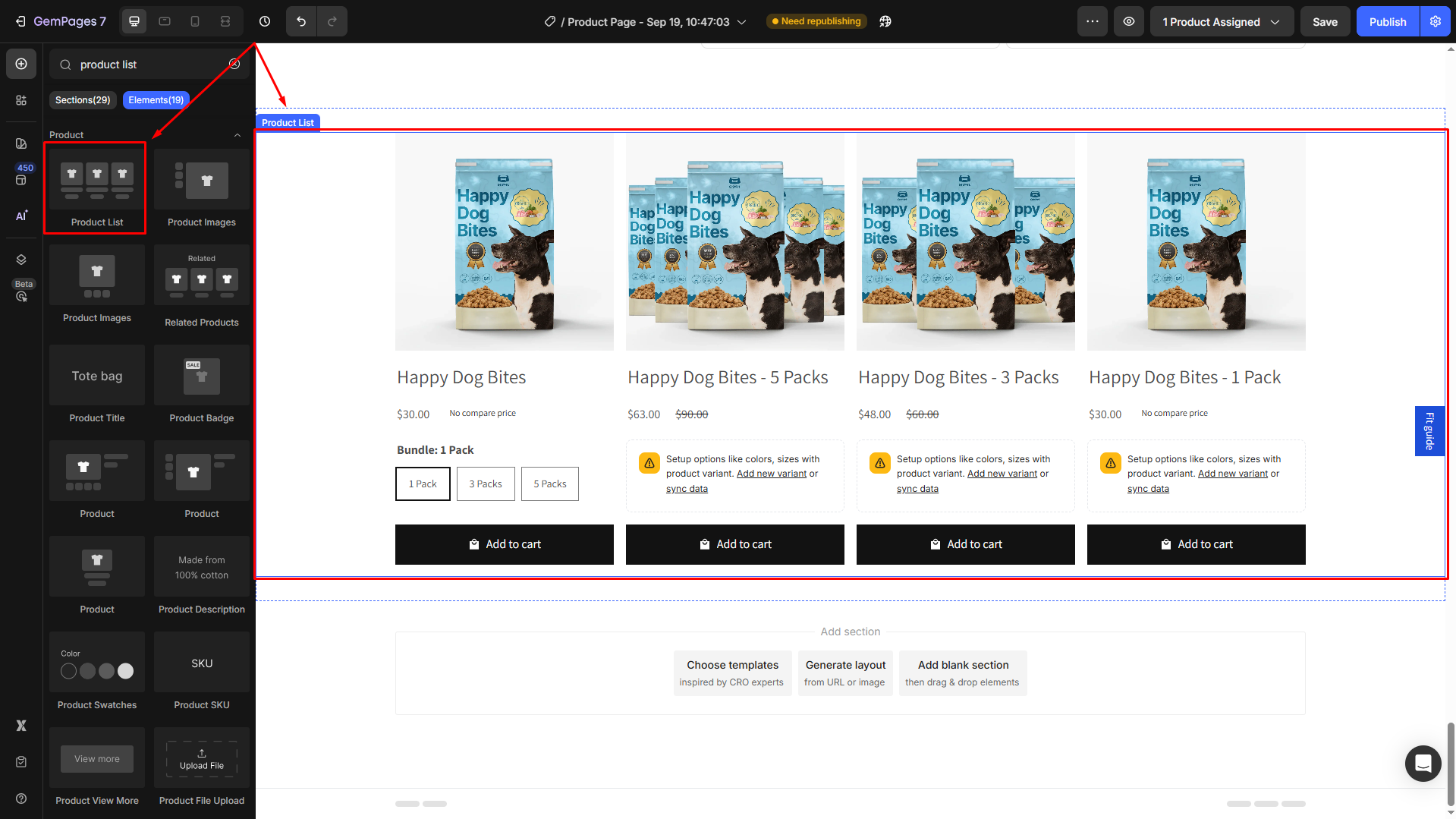 Add Product List element