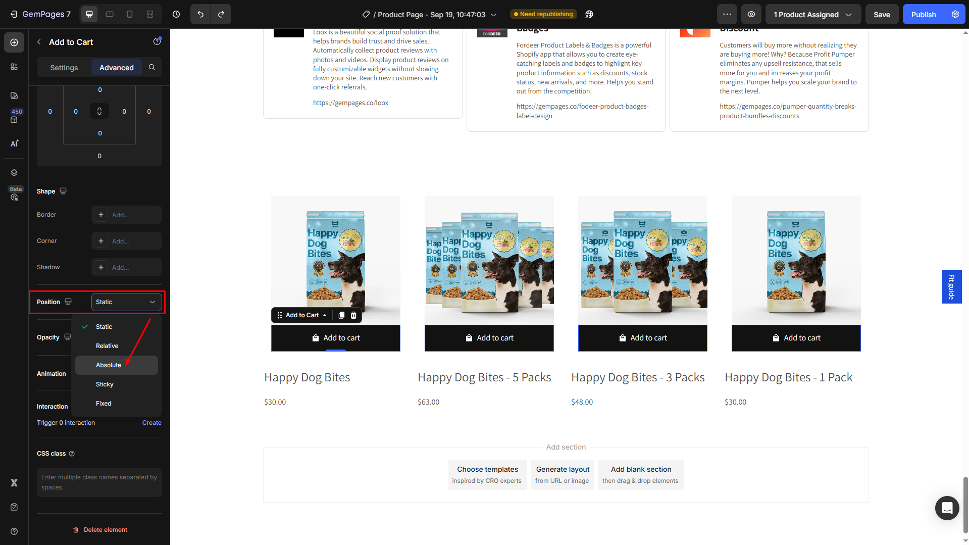 Select the Absolute position