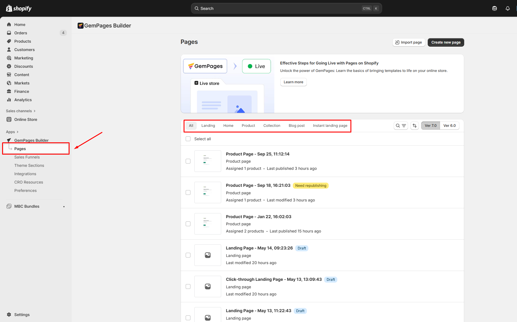 Go to the Pages section