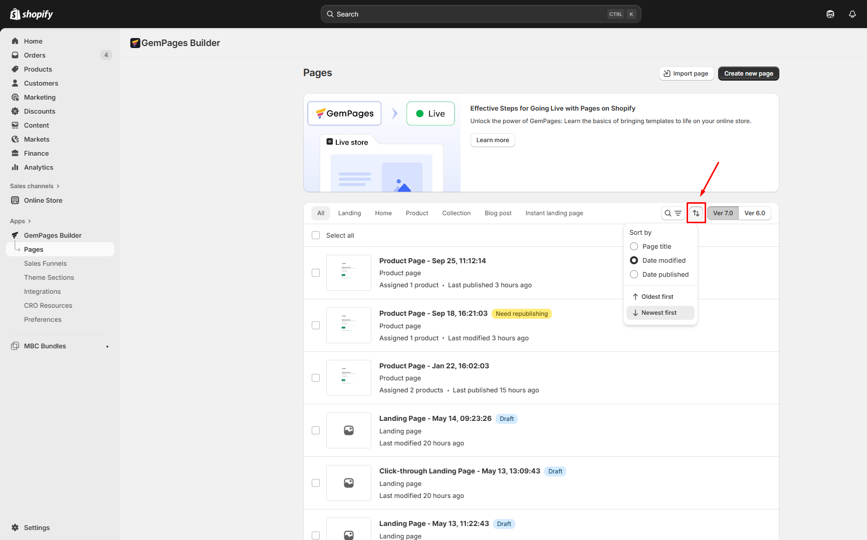 Sort page by page title or Date modified